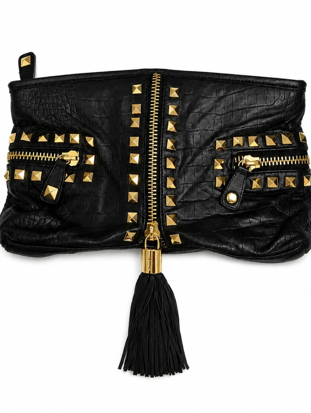 Betsey Johnson Genuine Leather Black Studded Tassel Clutch